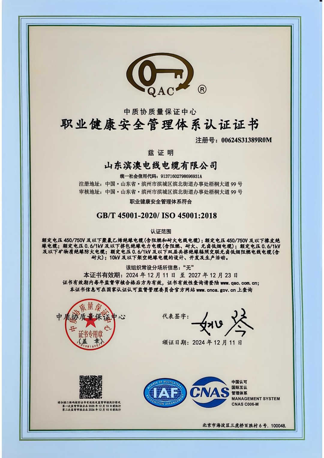 職業(yè)健康安全管理體系認證證書